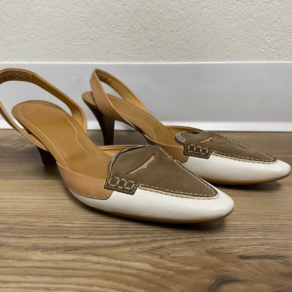 Tod’s Debbie Slingback pumps pointed toe loafer style tan brow white size 8.5 - Picture 1 of 11